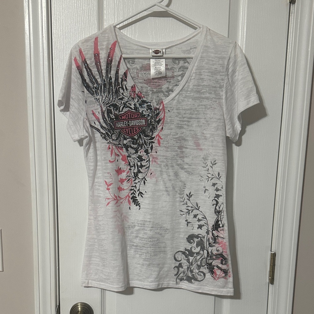 Harley-Davidson Women's White Tee with Pink and Black Design